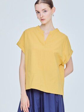 Emery Rose Oversize V-Neck Cuff Sleeve Blouse Mustard Yellow Women Sz L